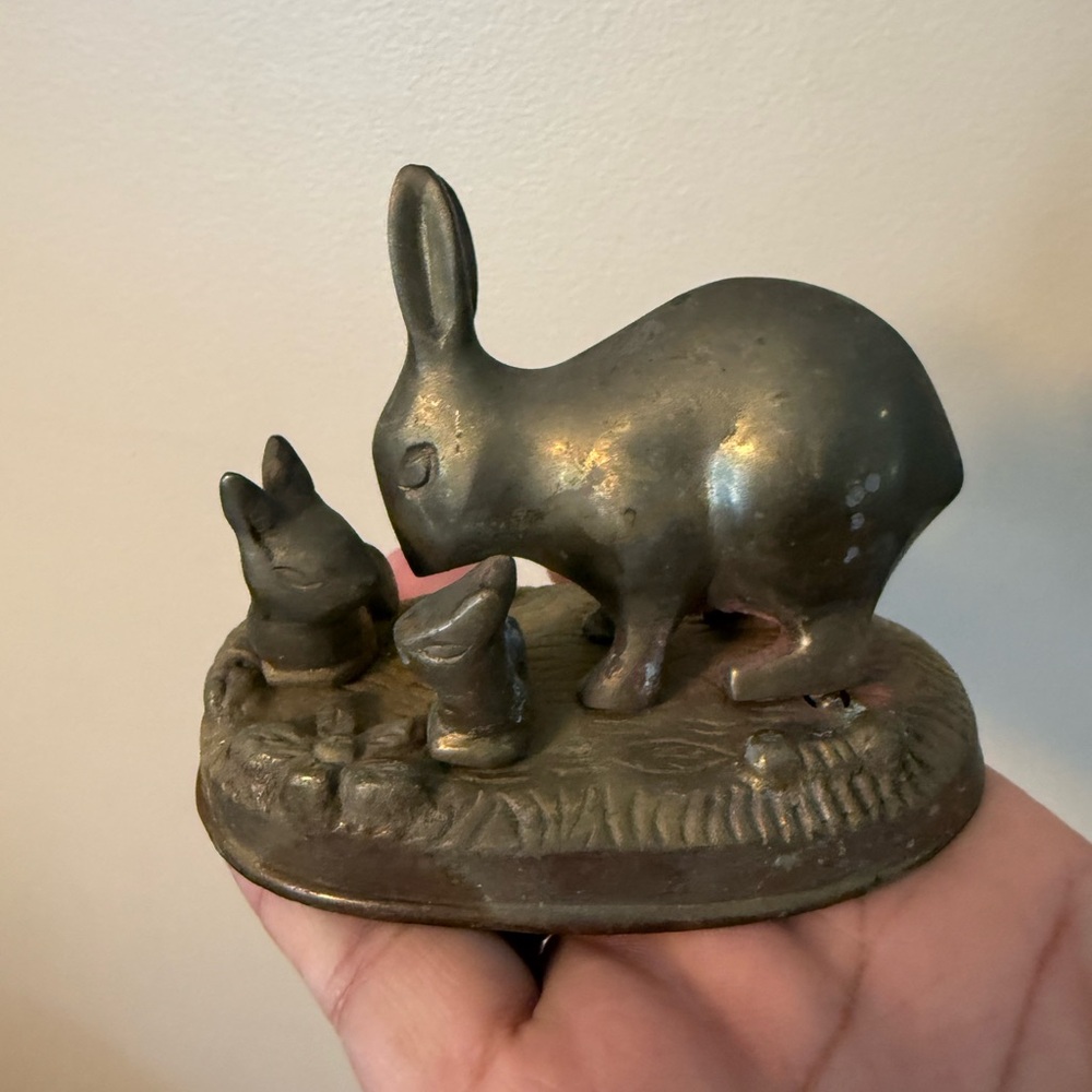 Brass Rabbit & Babies Sculpture Figure 4x2” Unpolished Vintage Piece‎